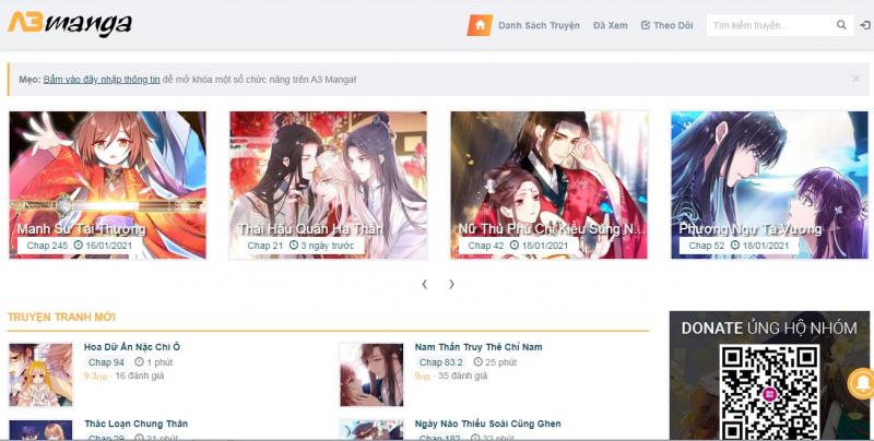 Giao diện của trang web A3manga