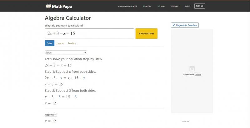 Ví dụ giải toán trên website Algebra Calculator
