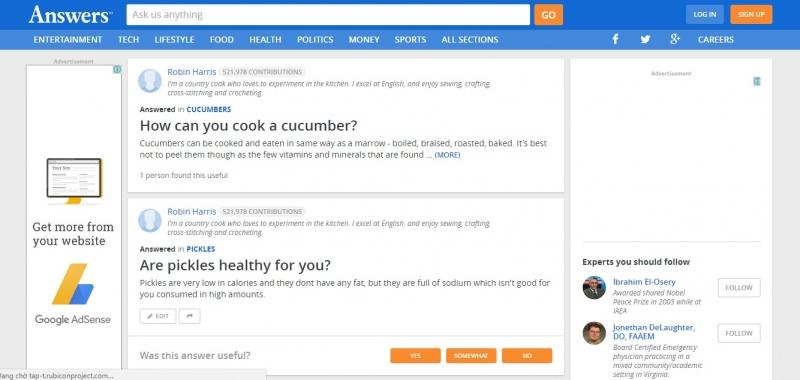 Giao diện của Answers.com