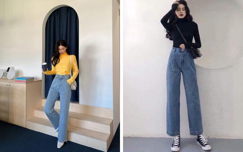 Áo cổ lọ phối quần jeans cạp cao