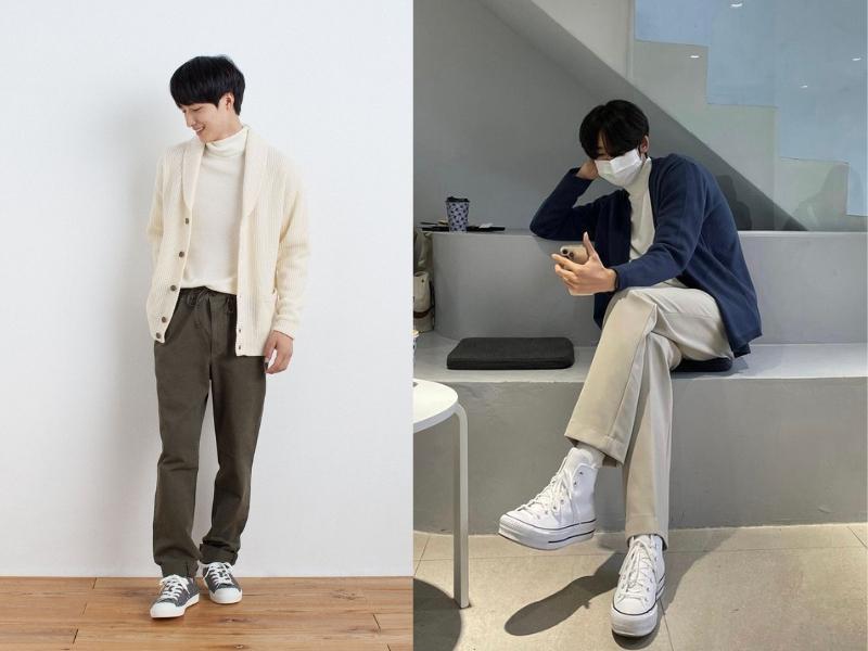 Áo len cổ lọ phối với cardigan nam