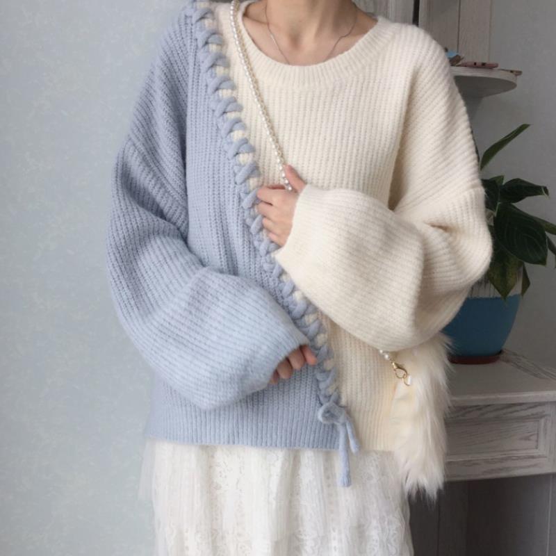 Áo sweater IELGY màu xanh lam thiết kế đường khâu bên ngoài phong cách thanh lịch thời trang cho nữ