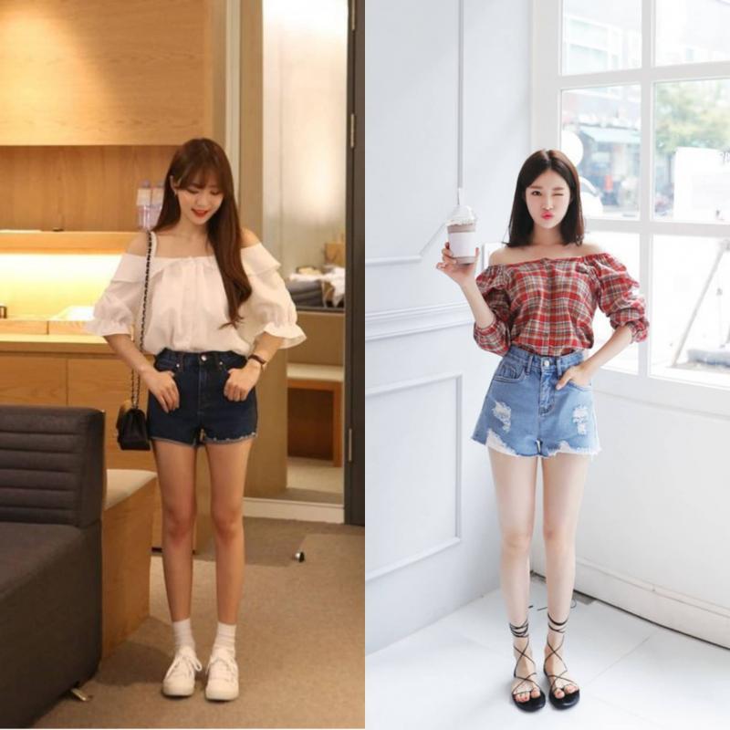 Áo trễ vai croptop mix quần short bò