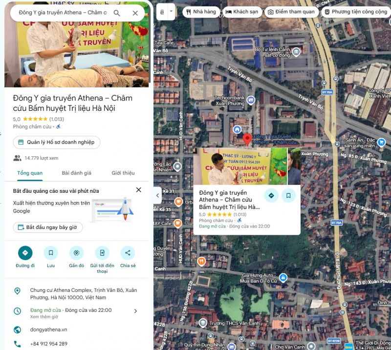 Đặc biệt, cơ sở Đông Y Athena Xuân Phương, Hà Nội đã vinh dự đạt mốc hơn 1.000 lượt đánh giá 5 sao tuyệt đối trên Google Maps từ bệnh nhân thực tế.