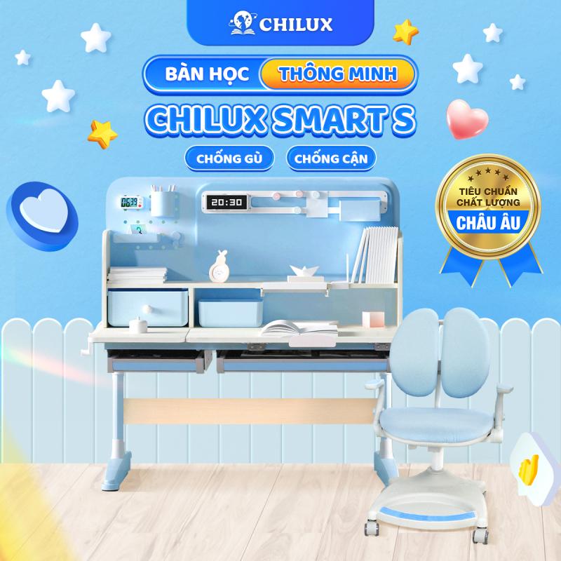 Bàn học cho bé cao cấp Chilux Smart D chống gù, chống cận, nâng hạ chiều cao, thay đổi độ nghiêng, kệ sách lớn