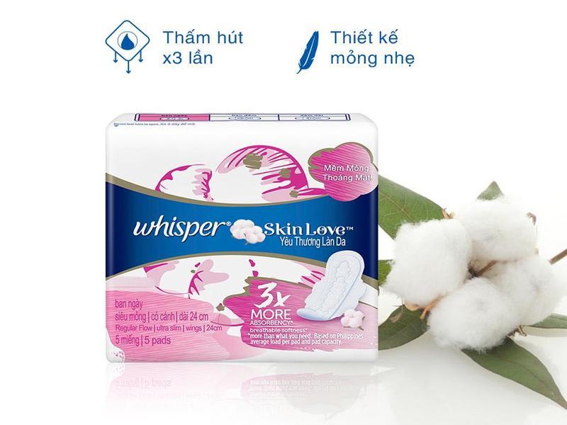 Băng Vệ Sinh Whisper Skinlove Mặt Bông Ngày 24cm