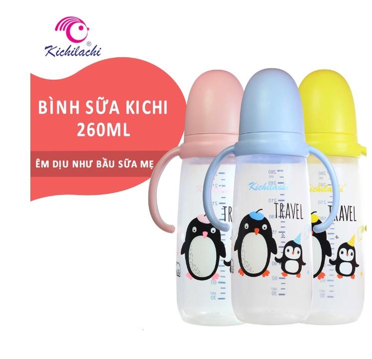 Bình sữa cổ hẹp Kichilachi núm ty silicon siêu mềm, chống sặc và đầy hơi cho bé 260ml