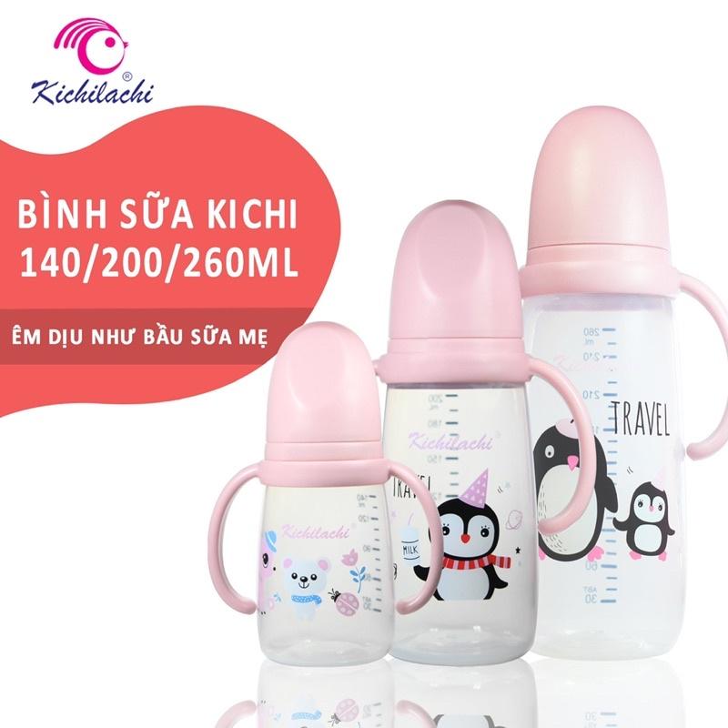 Bình sữa cổ hẹp Kichilachi núm ty silicon siêu mềm, chống sặc và đầy hơi cho bé 260ml