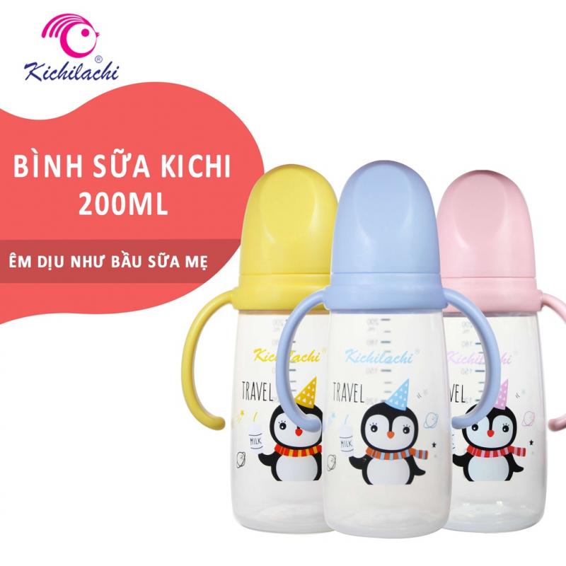 Bình sữa cổ hẹp Kichilachi núm ty silicon siêu mềm, chống sặc và đầy hơi cho bé 260ml