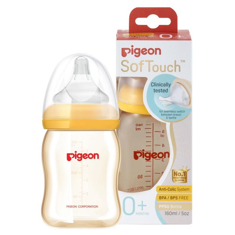 Bình sữa Pigeon cổ rộng PPSU với núm vú silicone siêu mềm Plus