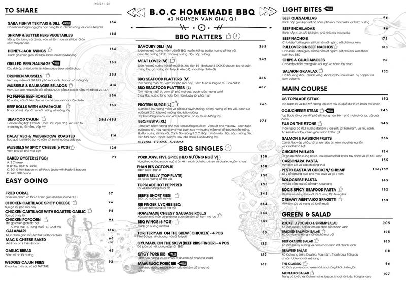 Menu ở B.O.C Homemade BBQ