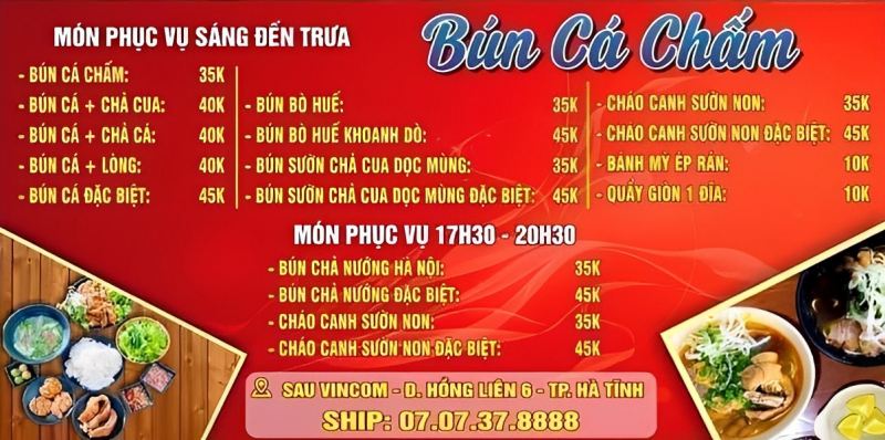 Menu tại quán