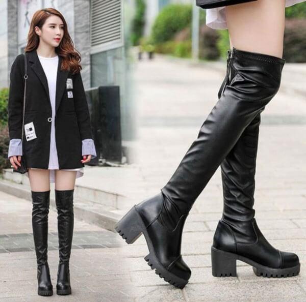 Cách mix giày boot cổ cao với đầm body đơn sắc, blazer dáng rộng