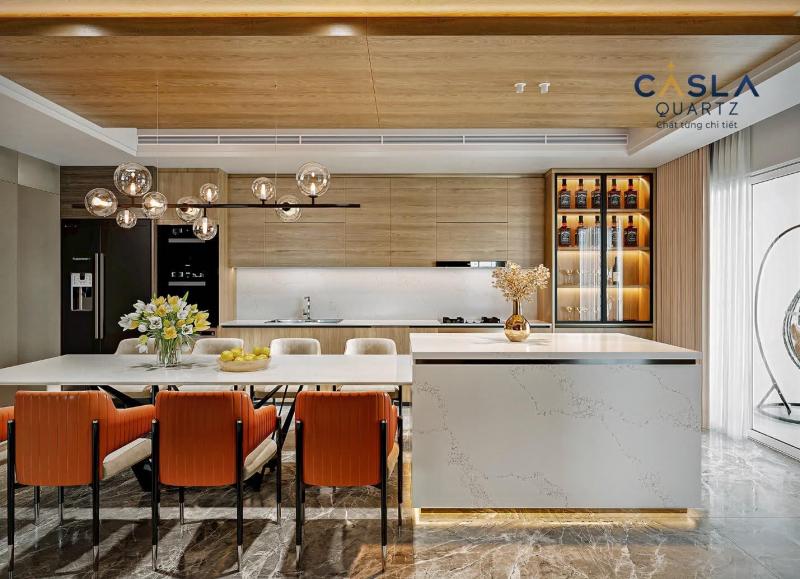 Đá thạch anh nhân tạo Caslaquartz đồng bộ trong ốp Bếp, bàn ăn và bàn đảo (Ảnh: Caslaquartz)