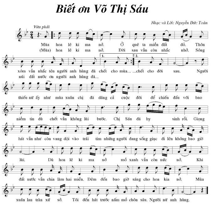 Ví dụ về bài hát Biết ơn Võ Thị Sáu