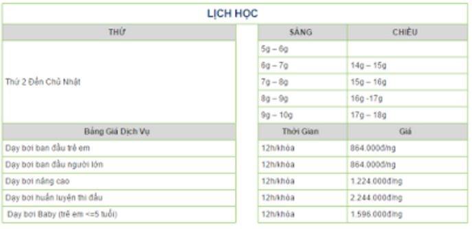 Bảng giá học phí bơi tại Câu lạc bộ Yết Kiêu