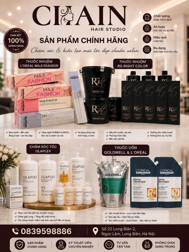 Các sản phẩm làm tóc được sử dụng tại Chain Hair Salon đều thuộc các thương hiệu nổi tiếng