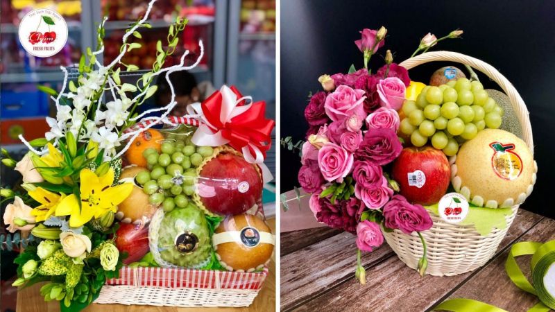 Giỏ trái cây tết tại Châm Fruits được phối kết hợp giữa trái cây và hoa tươi giúp giỏ thêm phẩn nổi trội ấn tượng