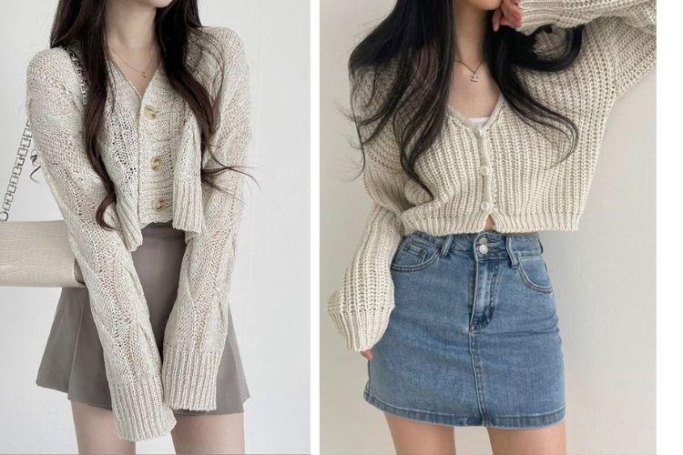 Chân váy chữ A dáng ngắn + áo len croptop