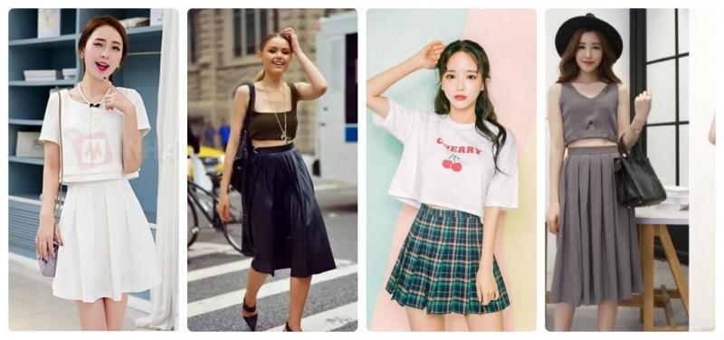 Chân váy xếp ly kết hợp với áo crop top