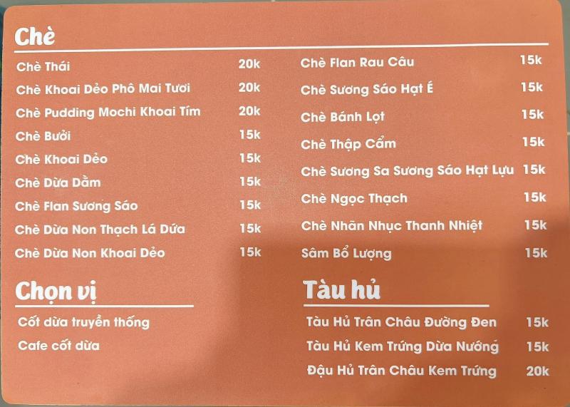 Menu Chè Cô 3 Sài Gòn