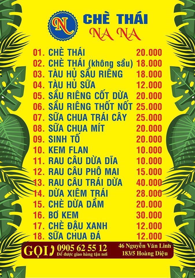 Chè Thái Na Na sở hữu thực đơn đa dạng