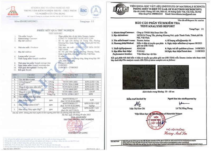 Kết quả thử nghiệm cùng báo cáo phân tích kiểm tra. Xnumx Amino thực sự là sản phẩm chứa nguyên liệu nano. Với các thành phần dưỡng chất chỉ ở 50-60 nm (nano mét). Một trong số ít sản phẩm có thể đạt được chỉ số nano này tại thị trường Việt Nam