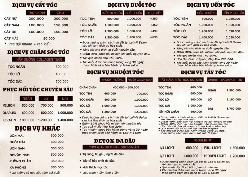 Bảng giá làm tóc tại Lali-N Salon