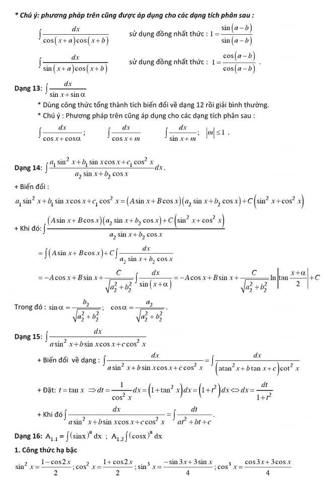 Công thức giải nhanh nguyên hàm - tích phân và ứng dụng - phần 8