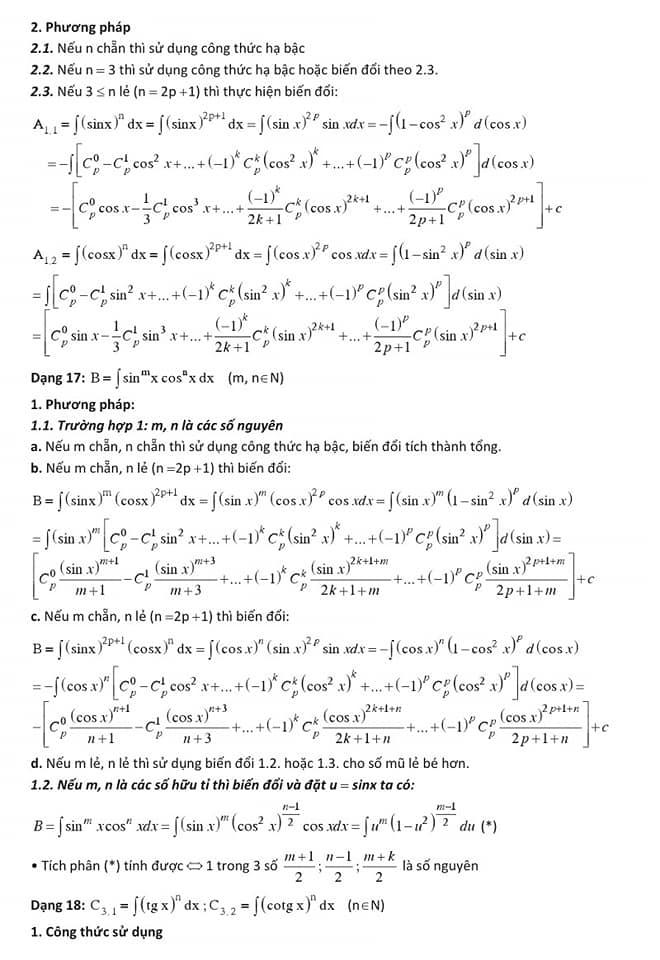 Công thức giải nhanh nguyên hàm - tích phân và ứng dụng - phần 9