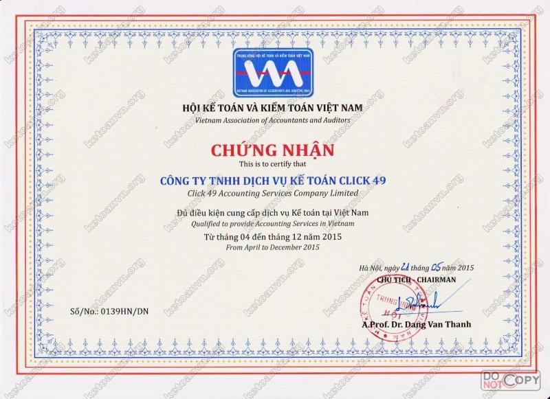 Chứng chỉ hành nghề của công ty TNHH dịch vụ kế toán Click 49