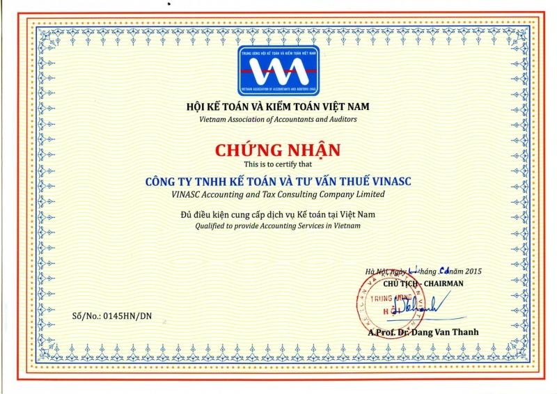 Giấy chứng nhận Công ty TNHH kế toán và tư vấn thuế VINASC