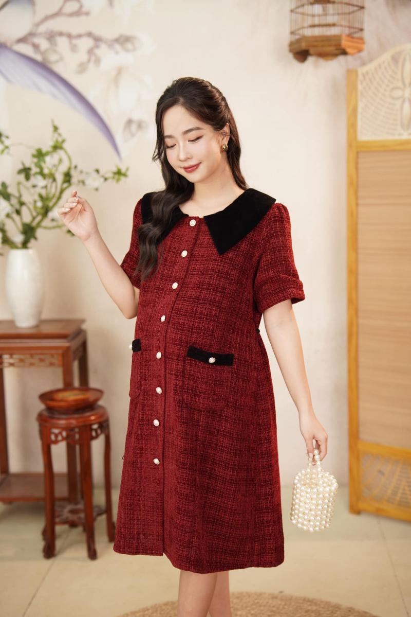 Mua Váy Bầu Thu Đông Cổ Tàu Công Sở Đầm Bầu Tết Màu Đỏ Xinh Xắn Lịch Sự  HD4659 Honey Mommy - Yeep