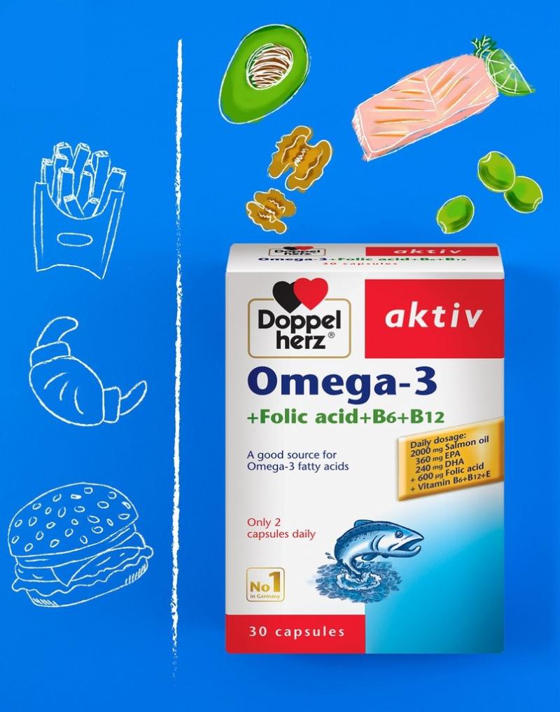 Dầu cá Doppelherz Aktiv Omega-3+ Folic acid + B6 + B12