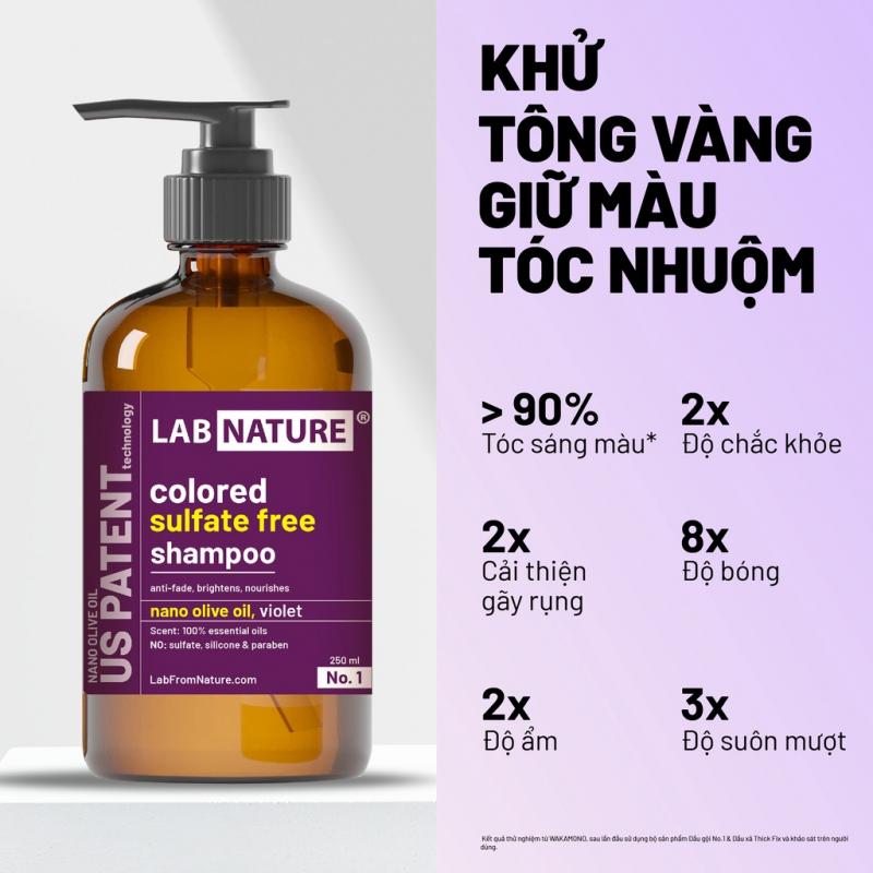 Dầu gội không Silicone khử vàng, giữ màu tóc tẩy nhuộm Lab Nature No.1 - Công nghệ Nano dầu Olive - 250ml