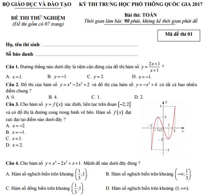 Đề thi thử nghiệm THPT quốc gia môn Toán của Bộ Giáo Dục