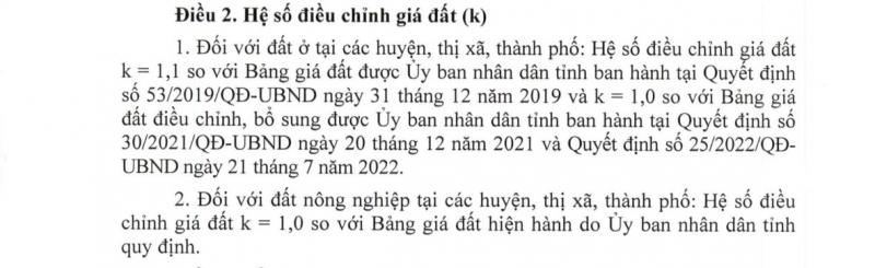 Hệ số điều chỉnh giá đất khu vực