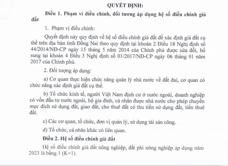 Quy định hệ số điều chỉnh giá đất năm 2023 trên địa bàn tỉnh Đồng Nai