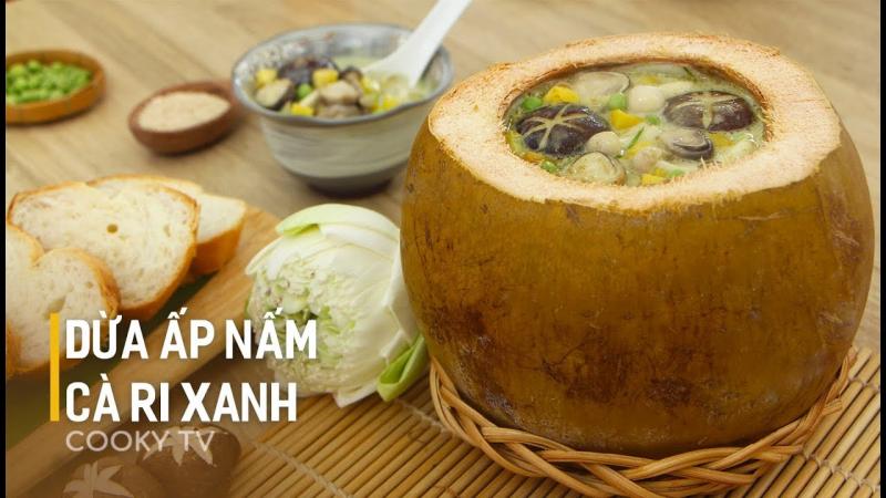 Dừa ấp nấm cà ri xanh chay