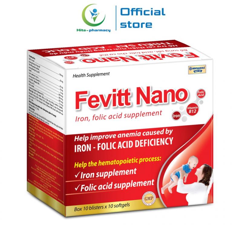 Fevitt Nano HDPHARMA bổ máu, bổ sung Sắt hữu cơ, Acid Folic 100 viên