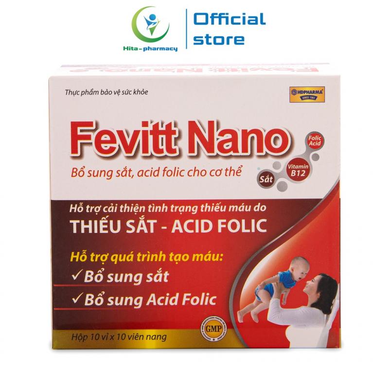 Fevitt Nano HDPHARMA bổ máu, bổ sung Sắt hữu cơ, Acid Folic 100 viên