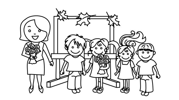 giáo án tô màu tranh vẽ cô giáo và các bạn - mẫu 1