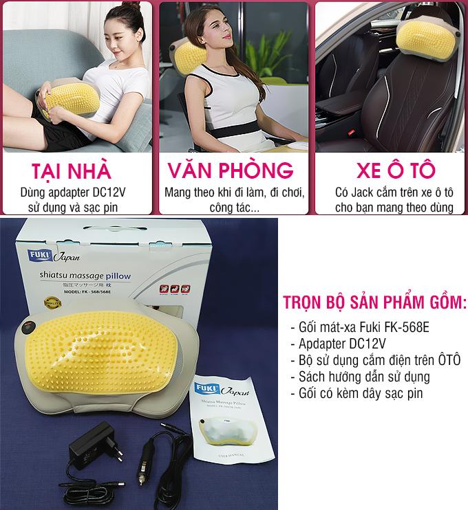 Gối massage hồng ngoại đau vai cổ lưng Shiatsu Fuki FK-568E (Pin sạc)