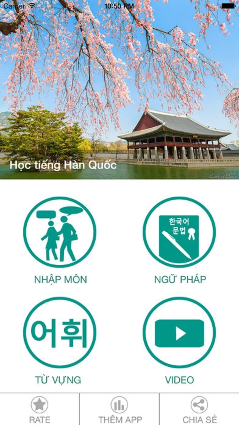 Giao diện chính của ứng dụng Học tiếng Hàn Quốc