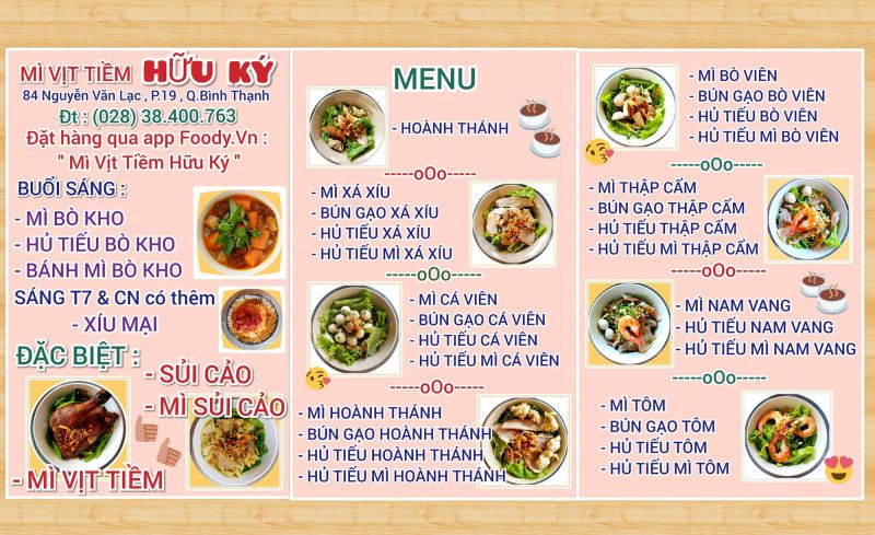 Menu tại Hữu Ký Mì Gia