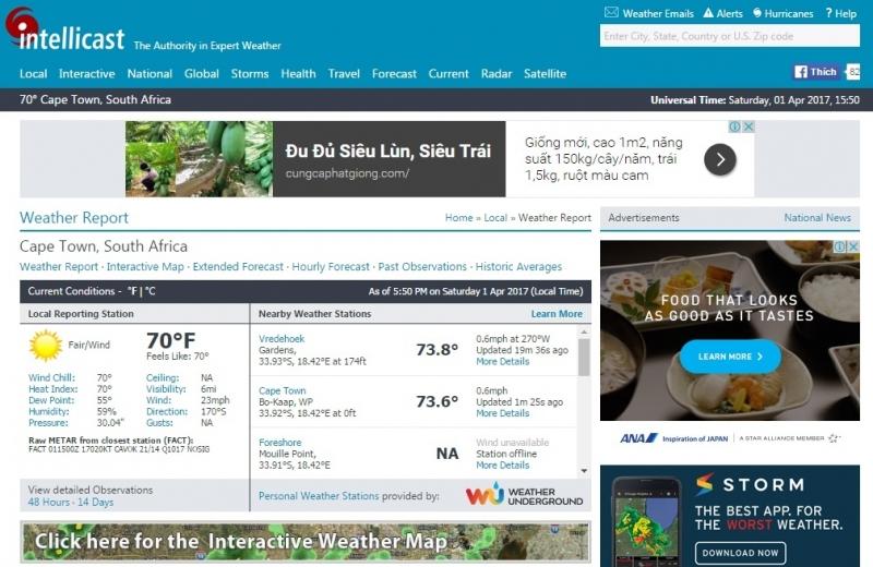 Giao diện của trang web thời tiết Intellicast