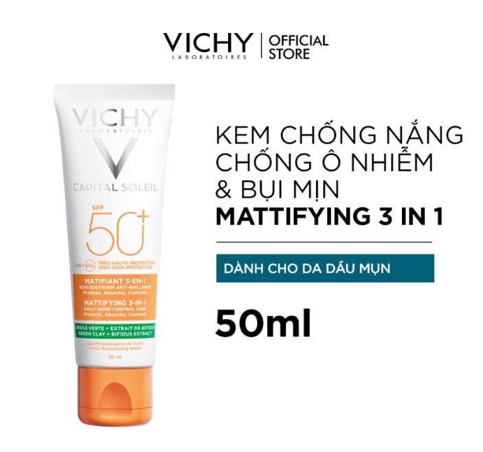 Kem chống nắng cho da dầu mụn và kiểm soát bóng dầu Vichy Spf 50+ Capital Soleil Mattifying 3-In-1 SPF 50+ UVB+UVA