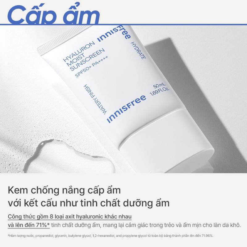 Kem chống nắng dưỡng ẩm & cải thiện nếp nhăn innisfree Hyaluron Moist Sunscreen Essence Texture SPF50+ PA++++ 50 mL