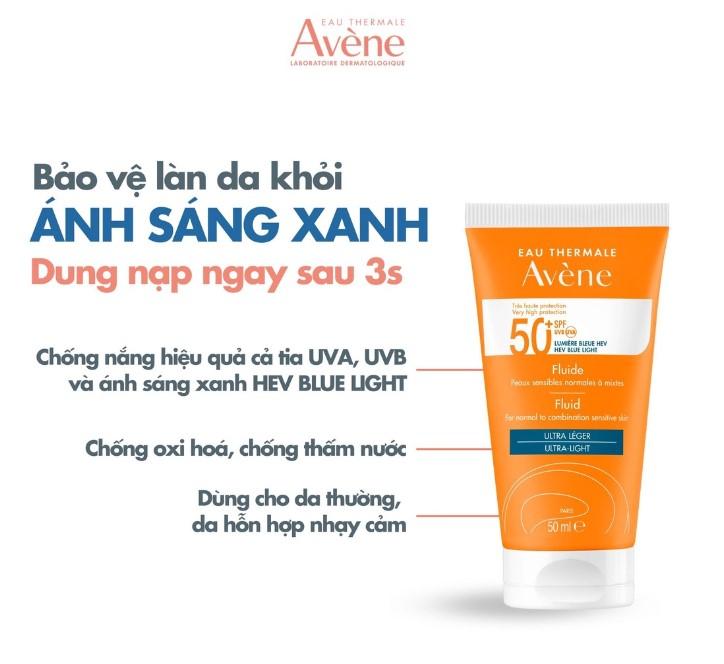 Kem chống nắng quang phổ rộng cho da thường, hỗn hợp nhạy cảm Avène Protection Fluid 50+ Blue Light