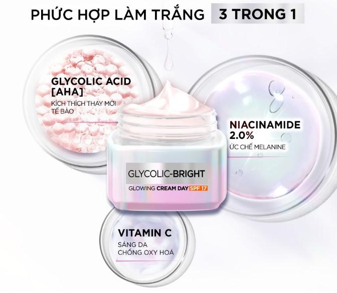 Kem ngày dưỡng sáng mờ thâm nám L'Oreal Paris Glycolic (AHA) Bright SPF 17